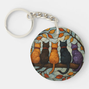 Five Cats on a Tree Branch Stained Glass Style Keychain