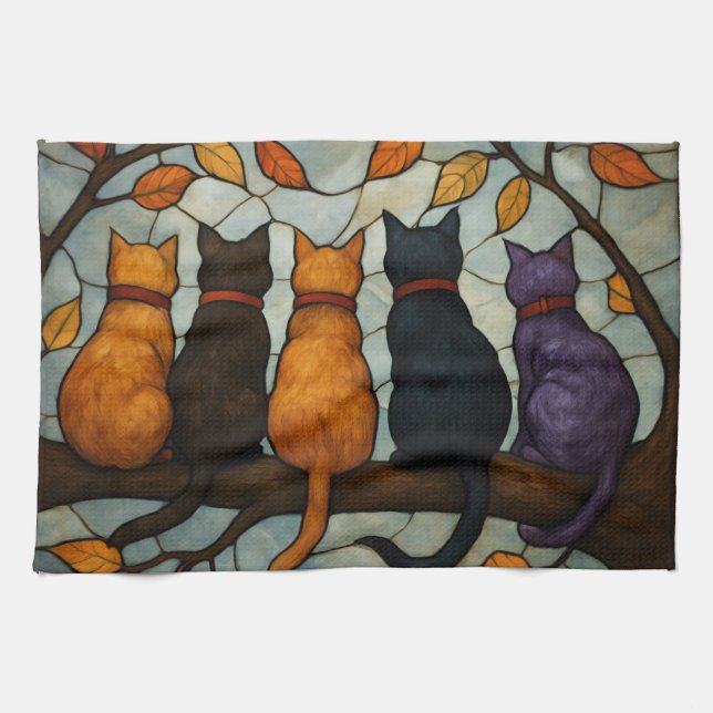 Five Cats on a Tree Branch Stained Glass Style Kitchen Towel (Horizontal)