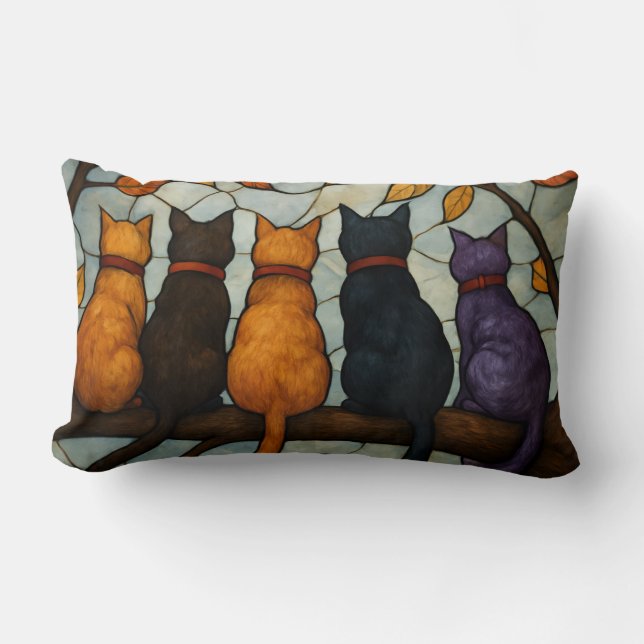 Five Cats on a Tree Branch Stained Glass Style Lumbar Pillow (Front)