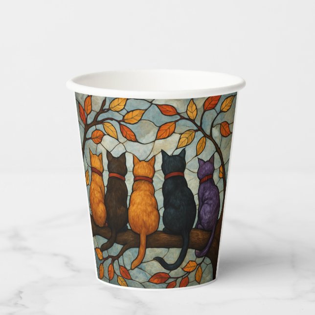 Five Cats on a Tree Branch Stained Glass Style Paper Cups (Front)