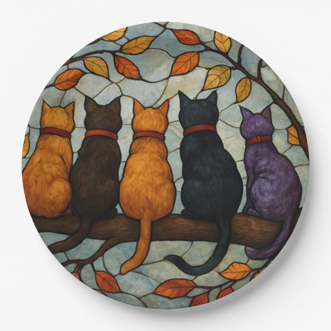 Five Cats on a Tree Branch Stained Glass Style Paper Plate (Front)
