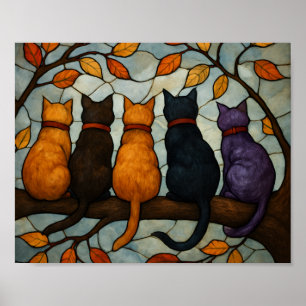 Five Cats on a Tree Branch Stained Glass Style Poster