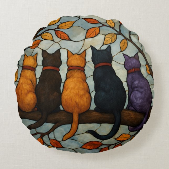Five Cats on a Tree Branch Stained Glass Style Round Pillow (Front)