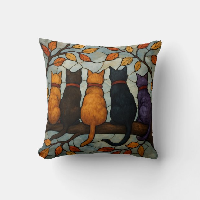 Five Cats on a Tree Branch Stained Glass Style Throw Pillow (Front)