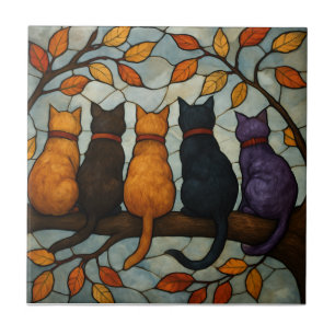 Five Cats on a Tree Branch Stained Glass Style Tile