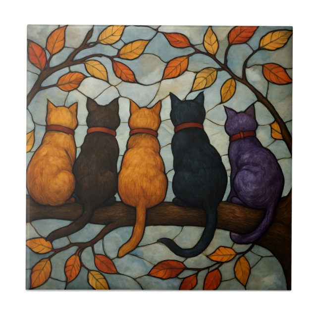 Five Cats on a Tree Branch Stained Glass Style Tile (Front)