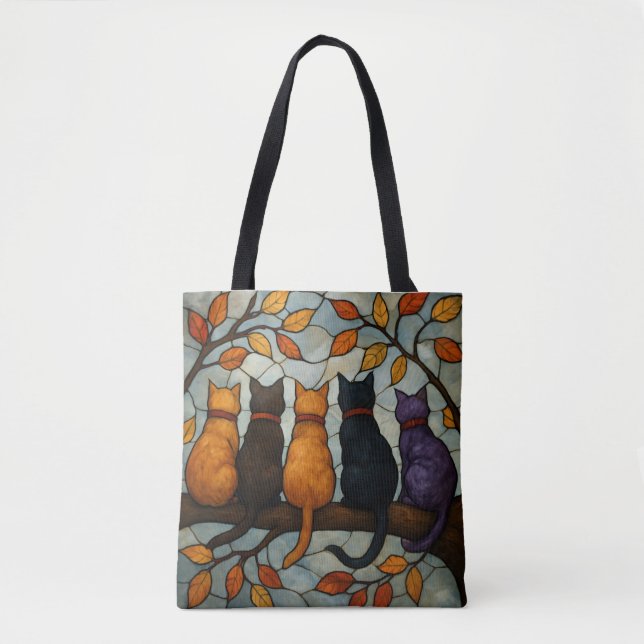 Five Cats on a Tree Branch Stained Glass Style Tote Bag (Front)