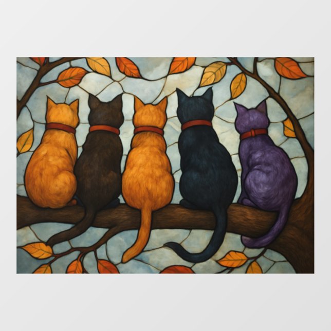 Five Cats on a Tree Branch Stained Glass Style Window Cling (Sheet)