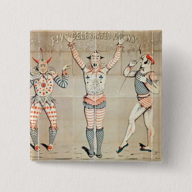 Five Celebrated Clowns Attached to Sands 2 Inch Square Button (Front)