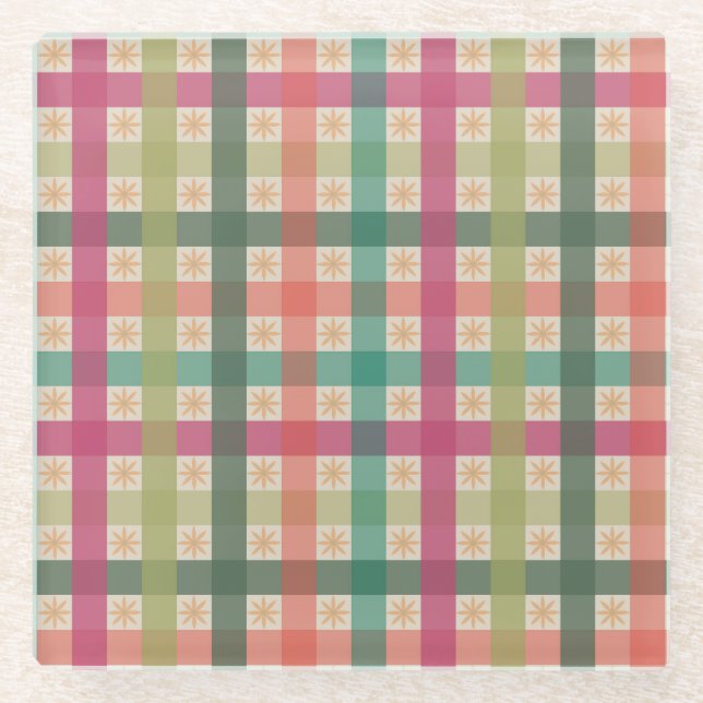 Five-Colour Gingham Pattern plus Snowflakes Glass Coaster (Front)