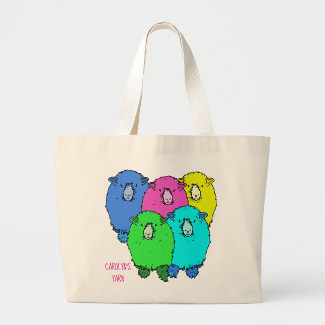 Five coloured cartoon sheep with your name yarn large tote bag (Front)