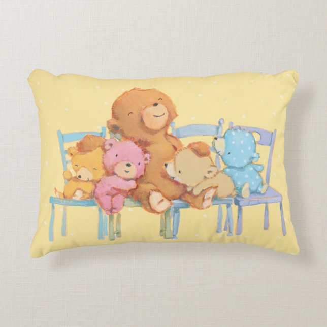 Five Cuddly and Colourful Bears On Chairs Decorative Pillow (Front)