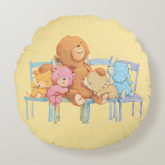 Five Cuddly and Colourful Bears On Chairs Round Pillow