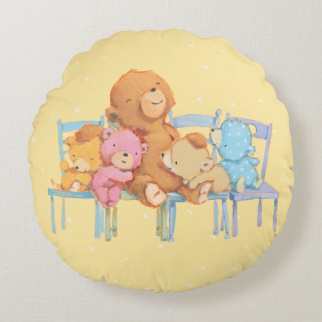 Five Cuddly and Colourful Bears On Chairs Round Pillow (Front)