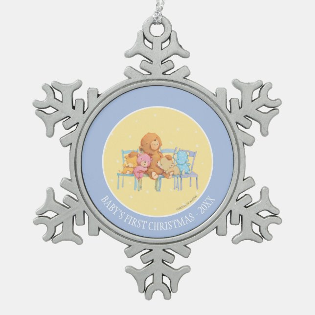 Five Cuddly and Colourful Bears On Chairs Snowflake Pewter Christmas Ornament (Front)