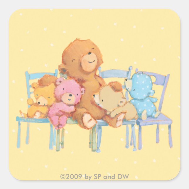 Five Cuddly and Colourful Bears On Chairs Square Sticker (Front)