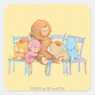 Five Cuddly and Colourful Bears On Chairs Square Sticker