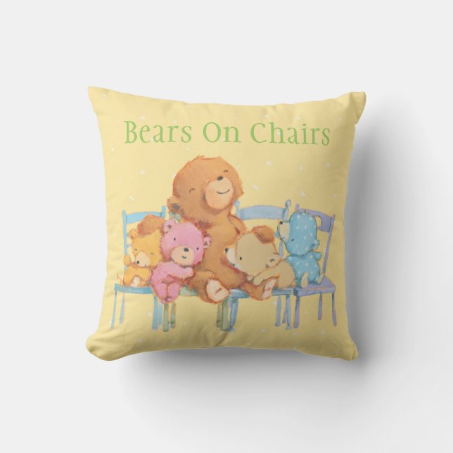 Five Cuddly and Colourful Bears On Chairs Throw Pillow (Front)