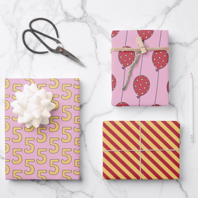Five! Cute Balloons Kids 5th Birthday Wrapping Paper Sheet (Front)