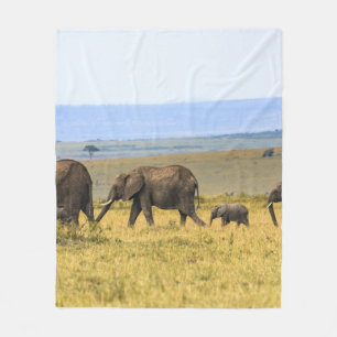 FIVE ELEPHANTS ON BROWN GRASS FLEECE BLANKET