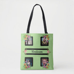 Five Frame Flowers on Lime Tote Bag