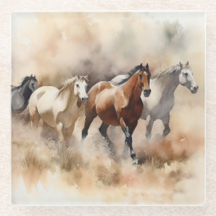 “Five Galloping Mustangs” Dusty Western Watercolou Glass Coaster
