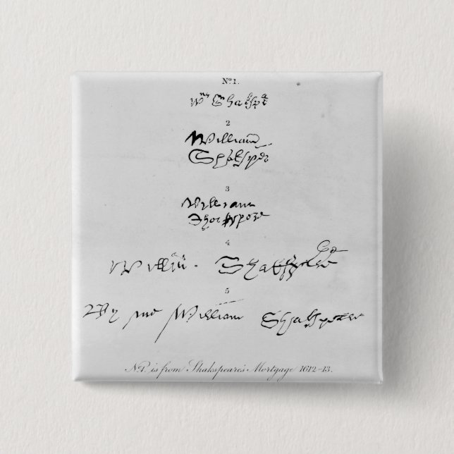 Five Genuine Autographs of William Shakespeare 2 Inch Square Button (Front)