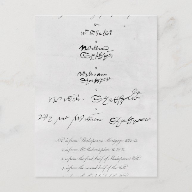 Five Genuine Autographs of William Shakespeare Postcard (Front)