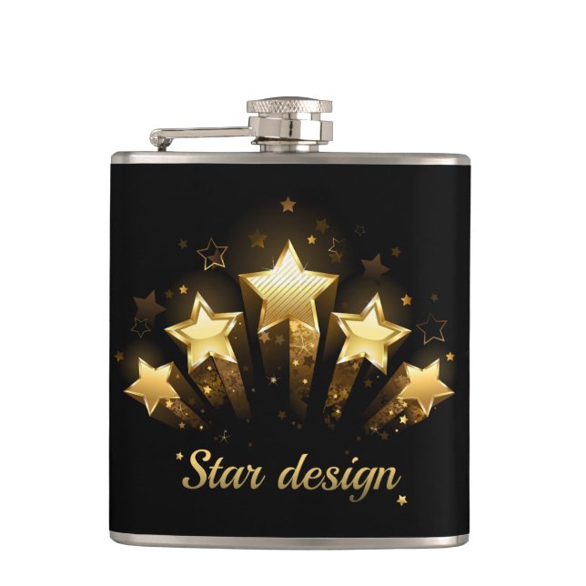 Five gold stars on black hip flask (Front)