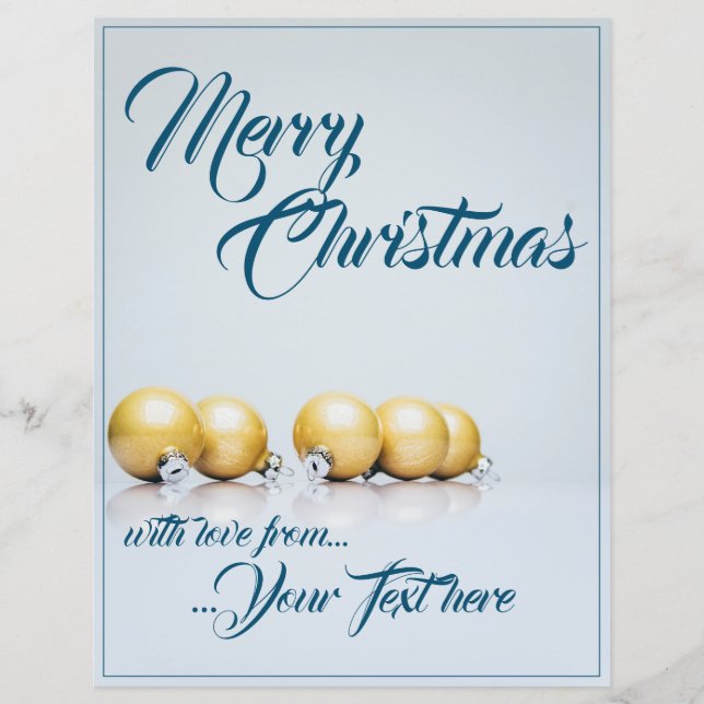 Five golden christmas balls - blue writing (Front)