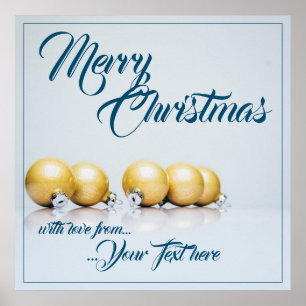 Five golden christmas balls - blue writing poster