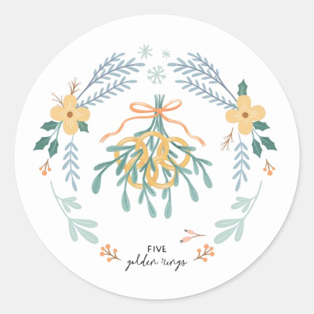 Five Golden Rings 12 Days of Christmas Folk Classic Round Sticker (Front)