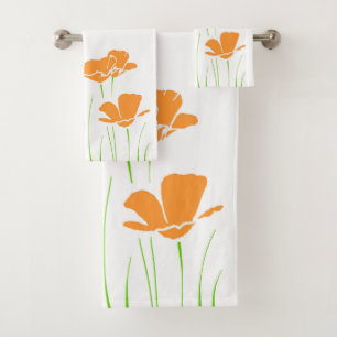 Five Hand Drawn California Poppies Bath Towel Set
