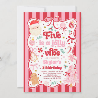 Five Is A Jolly Vibe Christmas Bow 5th Birthday Invitation
