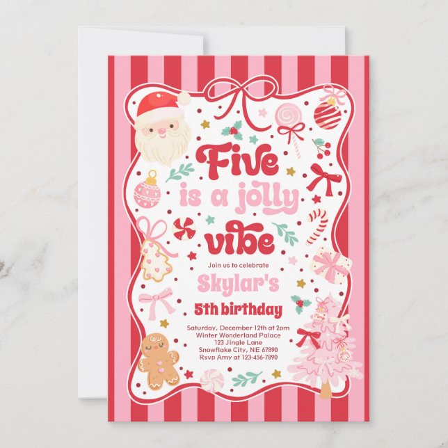 Five Is A Jolly Vibe Christmas Bow 5th Birthday Invitation (Front)