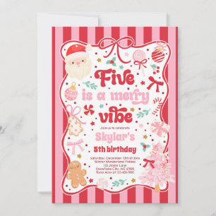 Five Is A Merry Vibe Christmas Bow 5th Birthday Invitation