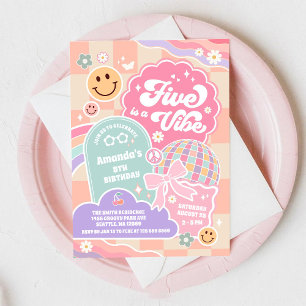 Five Is A Vibe Cloud Rainbow Disco 5th Birthday Invitation