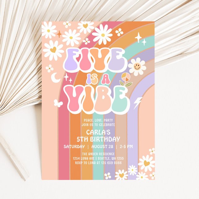 FIVE is a Vibe Daisy Rainbow Groovy 5th Birthday Invitation (Creator Uploaded)