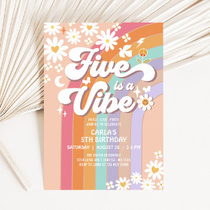 Five is a Vibe Daisy Rainbow Groovy Retro Birthday Invitation