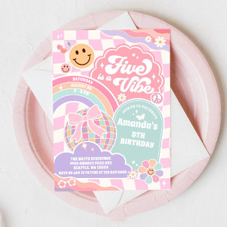 Five Is A Vibe Disco Rainbow 5th Birthday Invitation