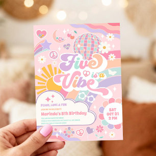 Five Is A Vibe Disco Rainbow Sun 5th Birthday Invitation