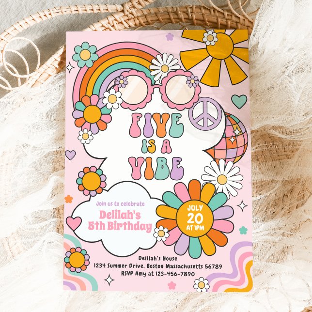 Five Is A Vibe Groovy 70s Flower Power Birthday Invitation (Creator Uploaded)