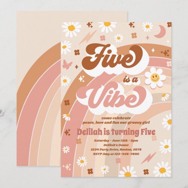 Five Is A Vibe Groovy Hippie Rainbow 5th Birthday  Invitation (Front/Back)