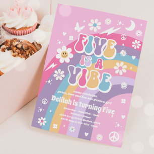 Five Is A Vibe Groovy Hippie Rainbow 5th Birthday Invitation