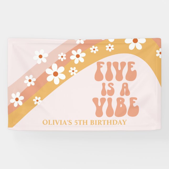 Five is a Vibe Groovy Retro Daisy 4th Birthday Banner (Horizontal)