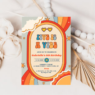 Five Is A Vibe Groovy Retro Rainbow 5th Birthday  Invitation