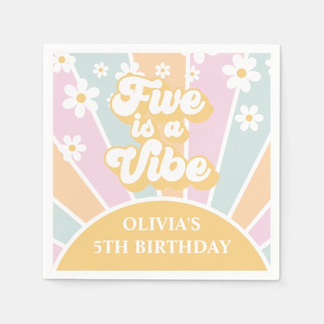 Five is a Vibe pastel Retro Sunshine daisy boho Napkin (Front)