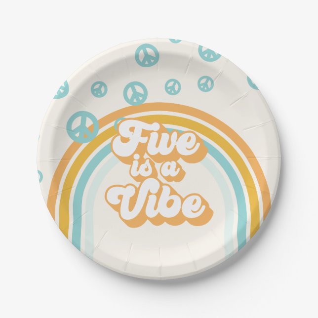 Five is a Vibe Retro Boy 5th Birthday Paper Plates (Front)