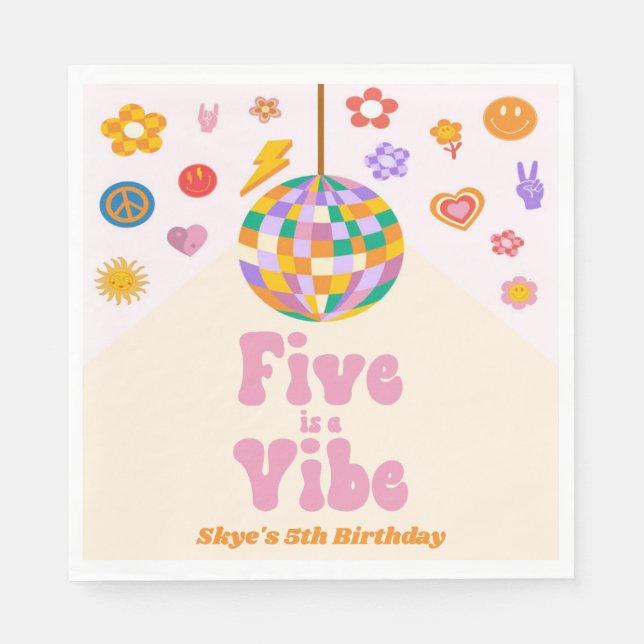 Five Is A Vibe Retro Disco Ball 5th Birthday Party Napkin (Front)