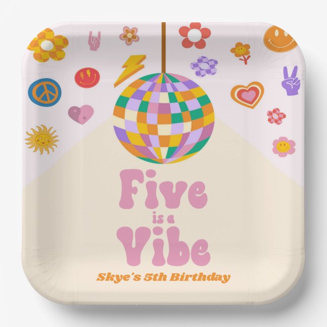 Five Is A Vibe Retro Disco Ball 5th Birthday Party Paper Plate (Front)